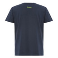 Back view of navy cotton crew neck tee with lime green Bisley logo at nape