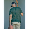 Man on worksite wearing a forest green crew neck tee, rear view, short sleeves, relaxed fit