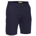 Navy stretch cotton drill cargo shorts with side cargo pocket, zip fly and D-ring belt loop detail