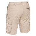 Sand cargo shorts rear view showing back patch pocket, side cargo pocket with flap, and Bisley tab label