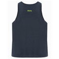 Navy blue sleeveless singlet rear view with lime green Bisley logo at upper back, smooth jersey fabric
