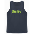 Slate navy cotton singlet with lime green Bisley chest print, sleeveless with round neckline, flat lay packshot