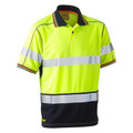 Hi-vis safety polo with reflective tape, navy contrast collar and lower panel, striped trim details