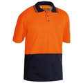 Orange and navy two-tone hi vis polo shirt with ribbed collar, three-button placket and left chest pocket