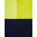 Close-up of hi vis polo shirt with hi-vis yellow upper panel and navy lower panel seam detail