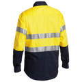 Yellow and navy two-tone hi vis drill shirt rear view with dual silver reflective tape bands