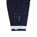 Navy cargo shorts with cargo pockets, contrast white stitching, and silver reflective tape at hem