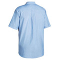 Sky blue Oxford weave short sleeve shirt with chest pocket and back yoke pleat, rear view