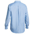 Rear view of a sky blue men's long sleeve Oxford shirt with box pleat and button cuffs