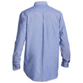 Light blue chambray long sleeve shirt with button cuffs and back centre pleat, rear view