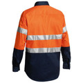 Orange and navy two-tone hi vis drill shirt rear view with dual silver reflective tape bands across back and sleeves