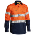 Orange and navy hi-vis work shirt with silver reflective tape, closed button front and chest pockets