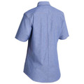 Rear view of womens chambray short sleeve shirt in blue with centre back pleat and curved hem