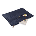 Navy blue twin zip pencil case with two compartments, shown open with stationery items visible