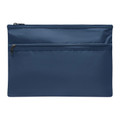 Navy blue flat rectangular case with dual zippered compartments and smooth polyester finish