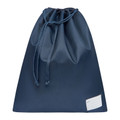 Navy drawstring bag with rope cord closure and white label patch on front corner