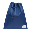 Navy blue drawstring bag with cord closure and small name label panel on lower front