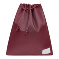 Burgundy drawstring bag with dual cords and white name label patch on lower front corner