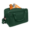 Forest green nylon carry bag with front zip pocket, dual handles, shoulder strap, and open top showing orange water bottle and book