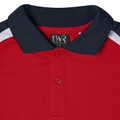 Kids raglan sports polo in red with navy collar and white shoulder panel detail, two-button placket, pique texture