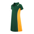 Kids polo dress in bottle green with gold side panel and white tipped collar, short sleeve A-line silhouette