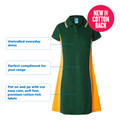Bottle green kids polo dress with gold side panels, polo collar, and tipped white-gold striped ribbing