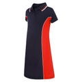 Navy and red polo dress with white piping detail and striped collar trim