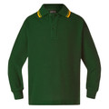 Bottle green kids long sleeve polo shirt with gold and white tipped collar and two-button placket