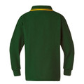 Bottle green long sleeve polo shirt with gold and bottle green striped collar, rear view