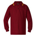 Kids long sleeve polo in maroon with gold and red tipped collar, two-button placket, ribbed cuffs