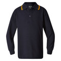Navy long sleeve polo shirt with gold and white striped collar tipping and button placket