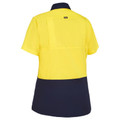 Back view of women's hi-vis work shirt in bright yellow with navy collar and lower panel, short sleeves, with back yoke detail