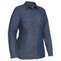 Women's long sleeve denim work shirt in mid-blue with button front, twin chest pockets and point collar