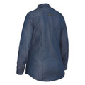Rear view of women's long sleeve indigo denim work shirt with curved hem and branded tab