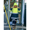 Safety yellow and navy hi-vis rain jacket with reflective tape featuring hood and segmented sleeve tape detail