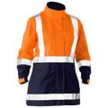 Orange + Navy Dewey Women's H-Taped Two Tone Hi Vis Rain Jacket, a waterproof and high-visibility work jacket with reflective safety tape.
