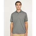 Man wearing a charcoal grey short sleeve polo shirt with three-button placket and ribbed cuffs