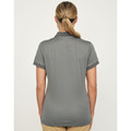 Grey short-sleeved polo shirt with contrast charcoal collar trim, rear view showing textured fabric and relaxed fit