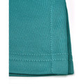 Teal recycled polo shirt showing hemmed sleeve with coverstitching detail