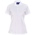 White short-sleeved polo with five-button placket and side slits, ladies relaxed fit with collar