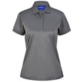 Charcoal grey women's polo shirt with flat knit collar and three-button placket
