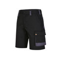 Black work shorts with charcoal contrast panels and cargo pocket with flap closure