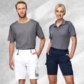 Charcoal grey polo and tee with shoulder detailing, paired with navy and white cargo work shorts