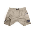 Sand cotton drill work shorts with cargo pockets, navy contrast panels, elasticated waist with black drawstring