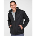 Charcoal softshell jacket with hood, front zip closure and side pockets worn over grey tee