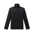 Black softshell jacket with stand collar, chest pocket and full-length zip closure