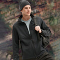 Black softshell jacket with full zip closure and side pockets worn over grey tee