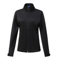 Black AMOS Ladies Sustainable Softshell Jacket made from recycled materials, featuring a windproof outer, breathable fabric, and a tailored corporate fit for eco-conscious businesses.