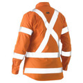 Hi vis orange womens drill shirt rear view showing white X-tape and horizontal reflective tape bands