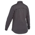 Charcoal grey women's long-sleeve work shirt, rear view showing back yoke seam and branded tab